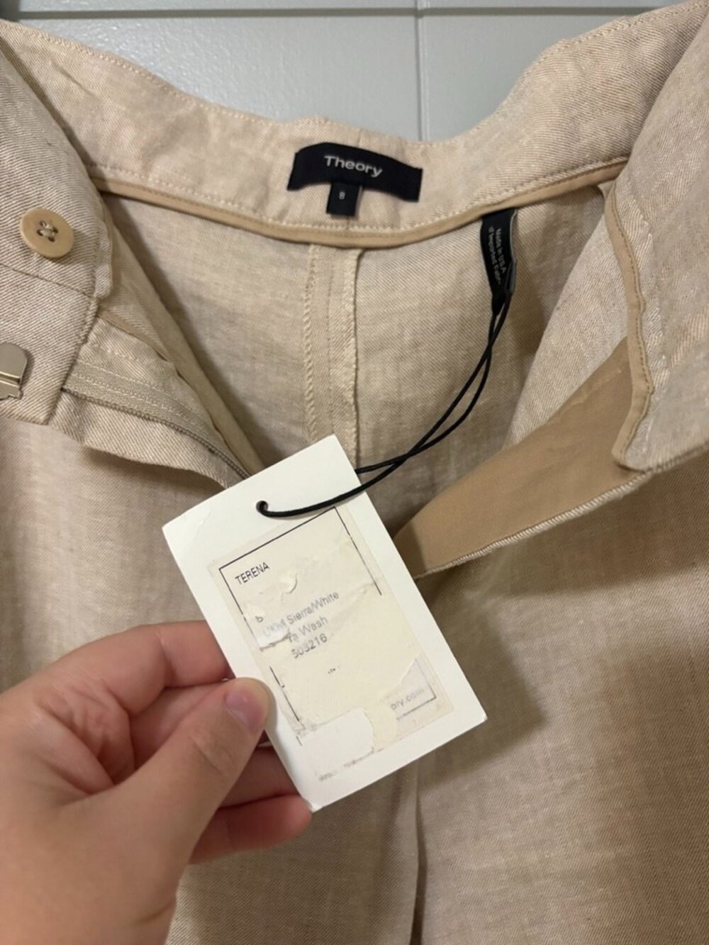Theory Terena High Waist Wide Leg Trouser Pants Linen Blend Sierra/White Size 8 - Picture 11 of 12
